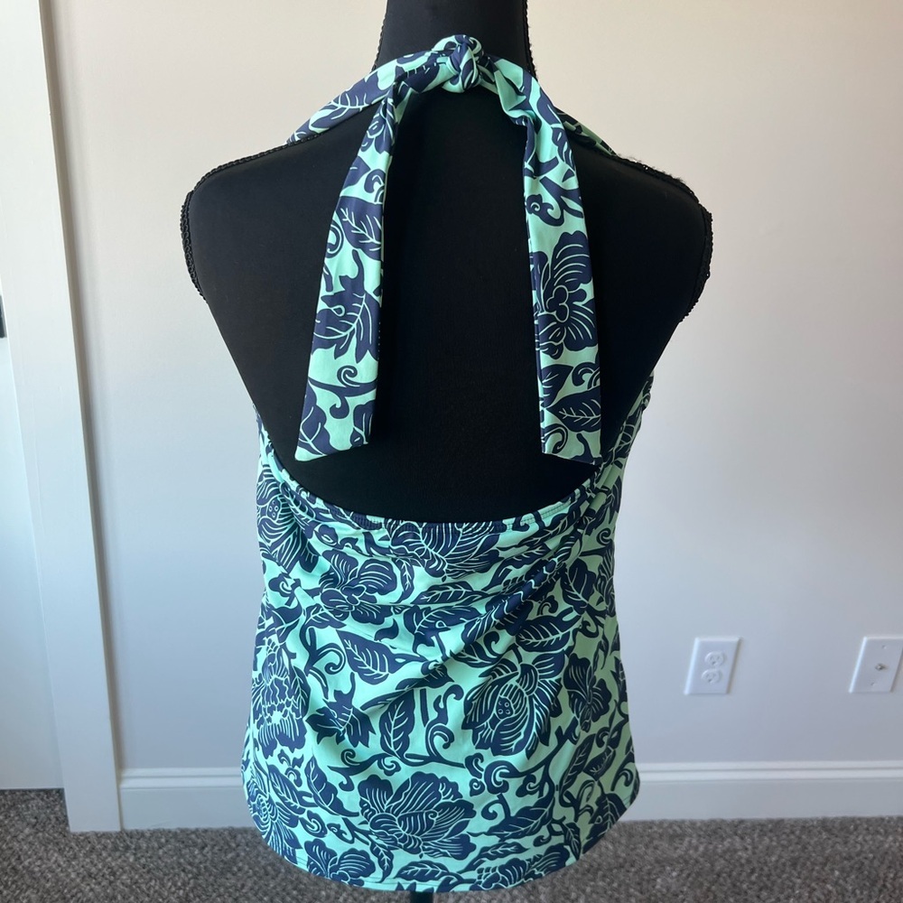 Lands' End Mint green and Navy Floral Swimsuit Halter Top Size 14 - Picture 3 of 8